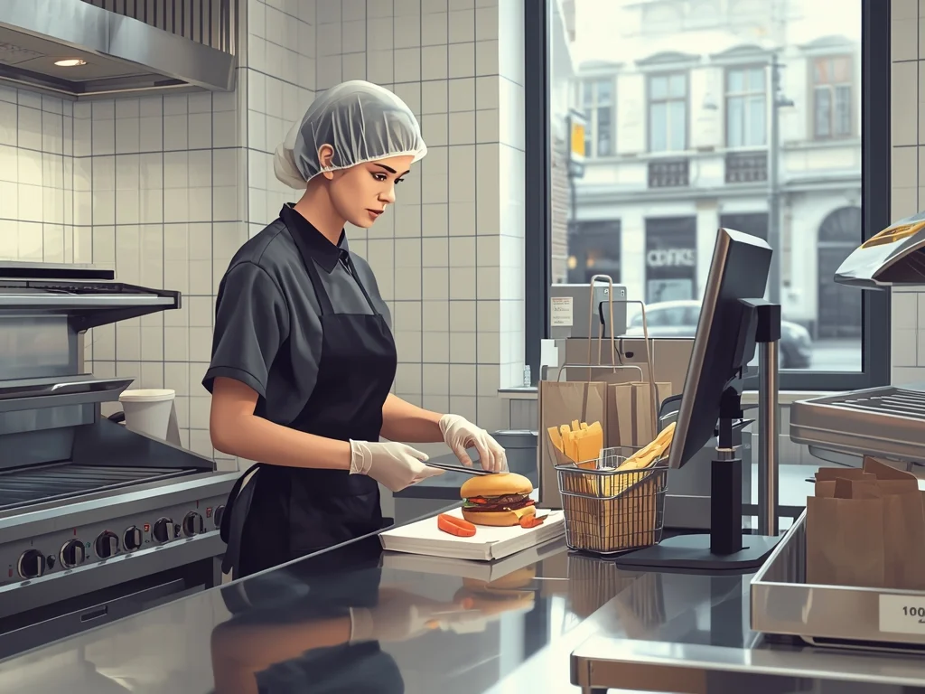 Obrazek poglądowy: Pracownik przygotowujący posiłki typu fast food