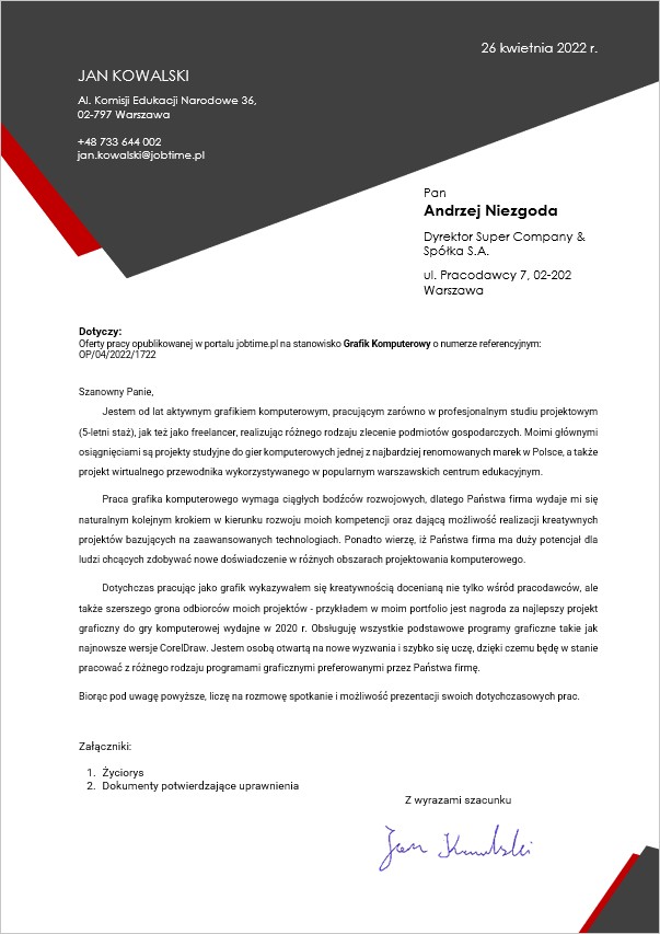 Szablon listu motywacyjnego - klasyczny