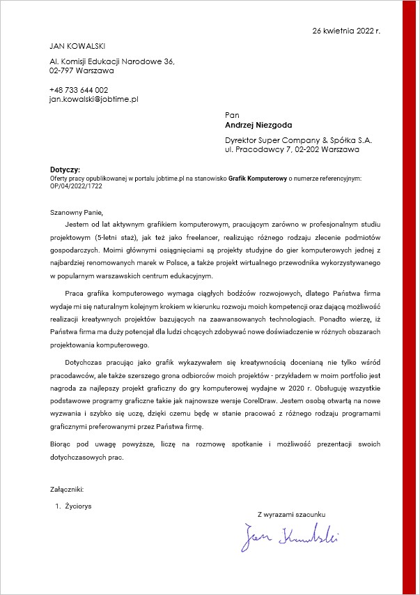 Szablon listu motywacyjnego - minimalistyczny