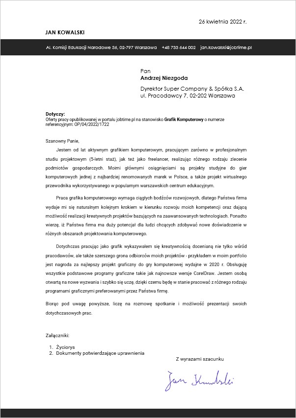 Szablon listu motywacyjnego - elegancki