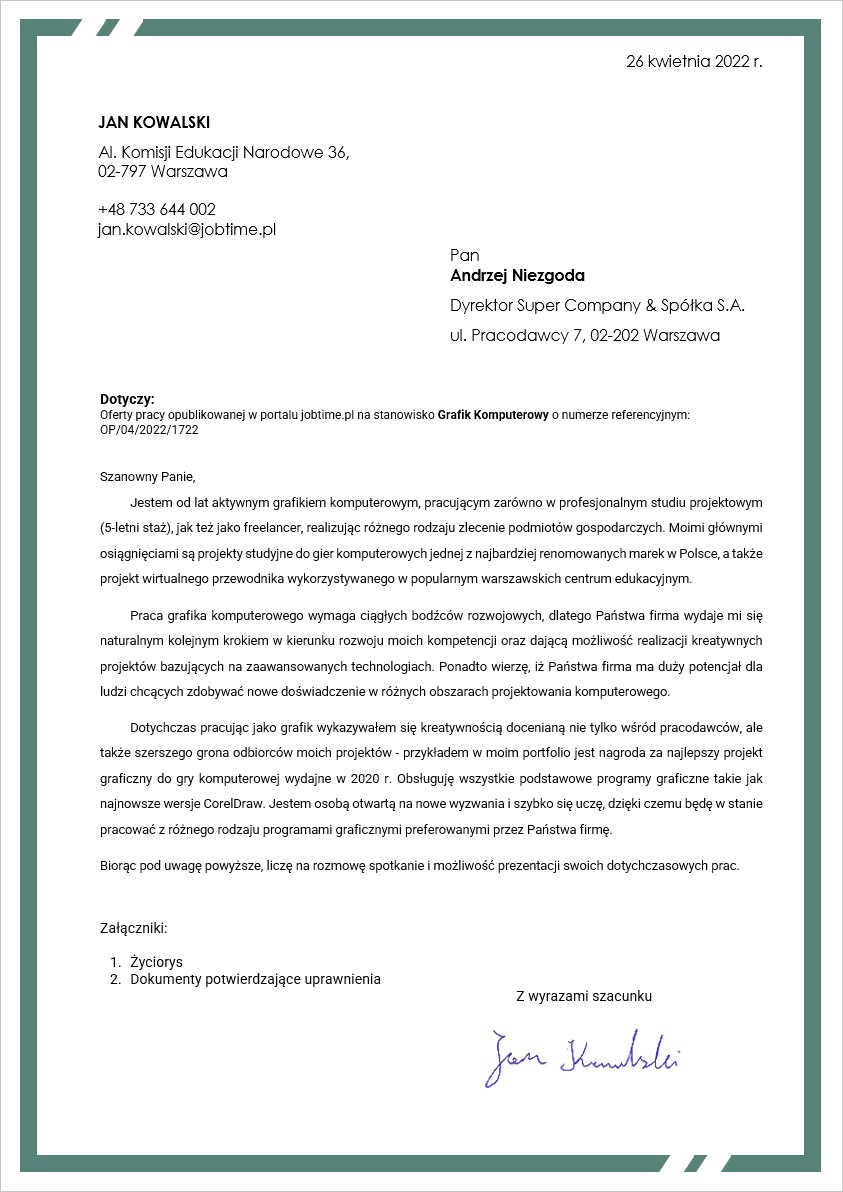 Szablon listu motywacyjnego - kreatywny